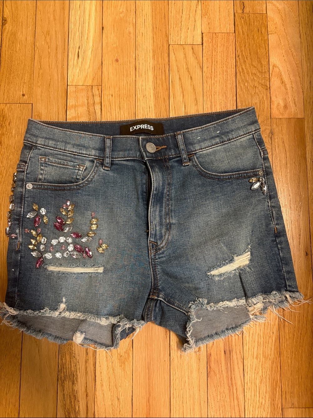 Express Embellished Distressed Denim Shorts - Blue with Multicolor Gems